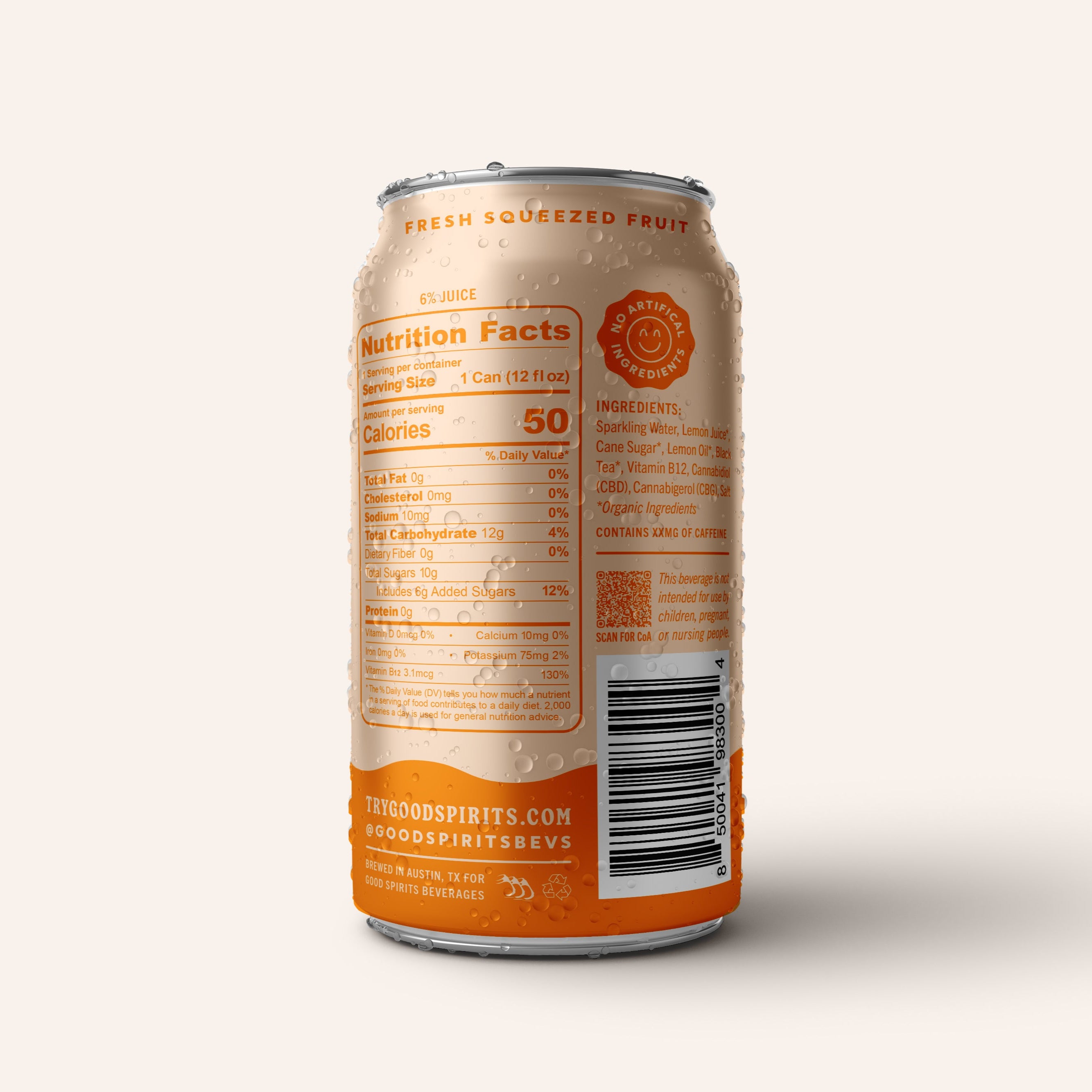 Front of the Austin Palmer can with nutritional facts