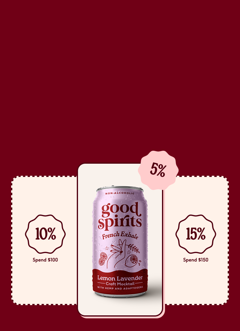 Can of 'good spirits' lemon lavender gin with discount percentage graphics on a red background