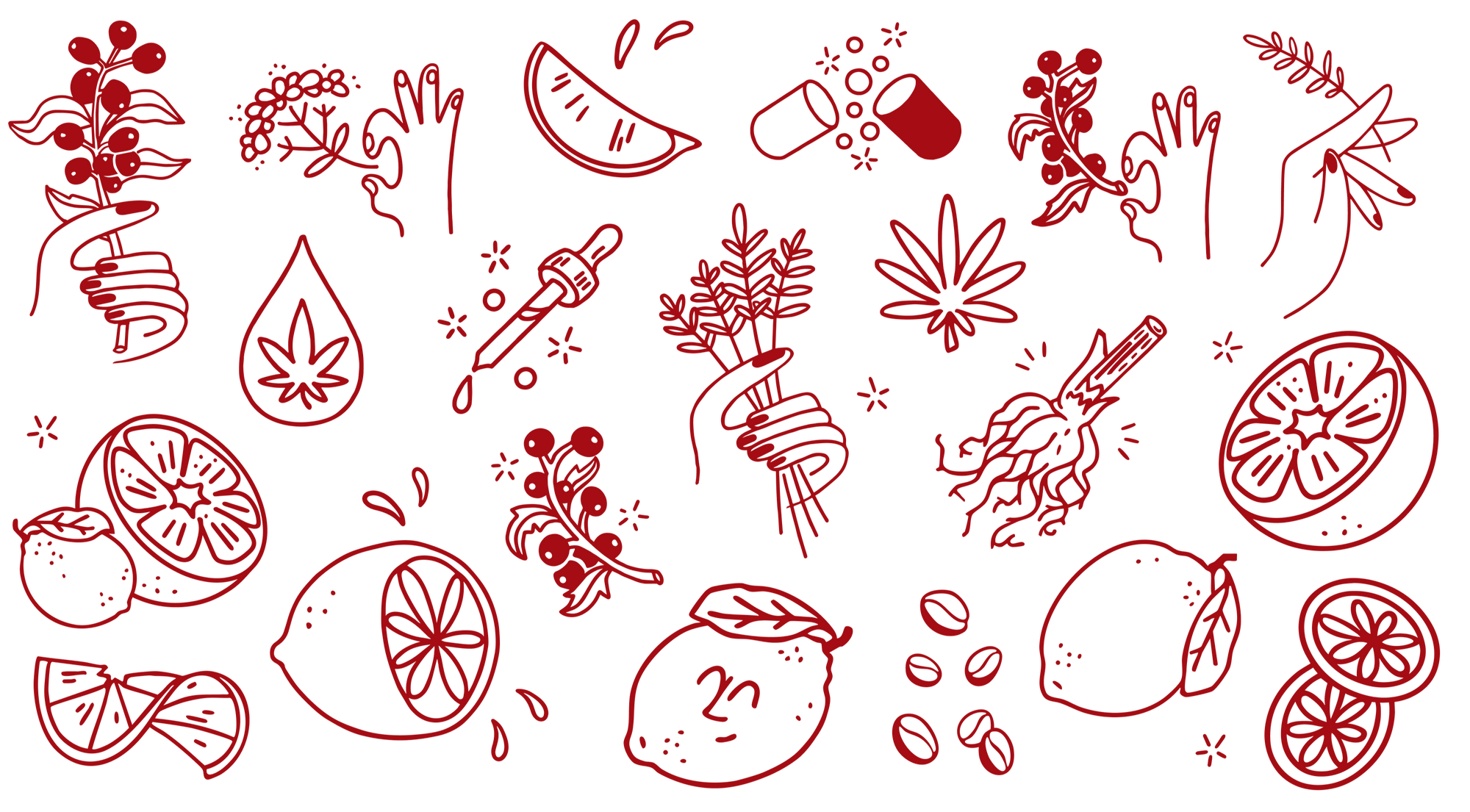 Red illustrations of various items on a white background